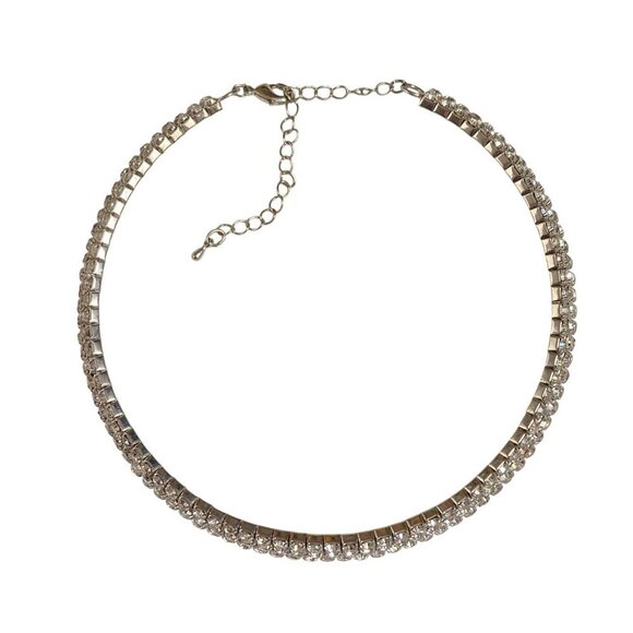 Rhinestone Choker Necklace Silver Tone Prong Set Lobster Clasp Adjustable Length - Picture 5 of 8